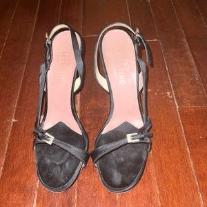 Valentino Garavani black silk strappy Rhinestone sandal heels
